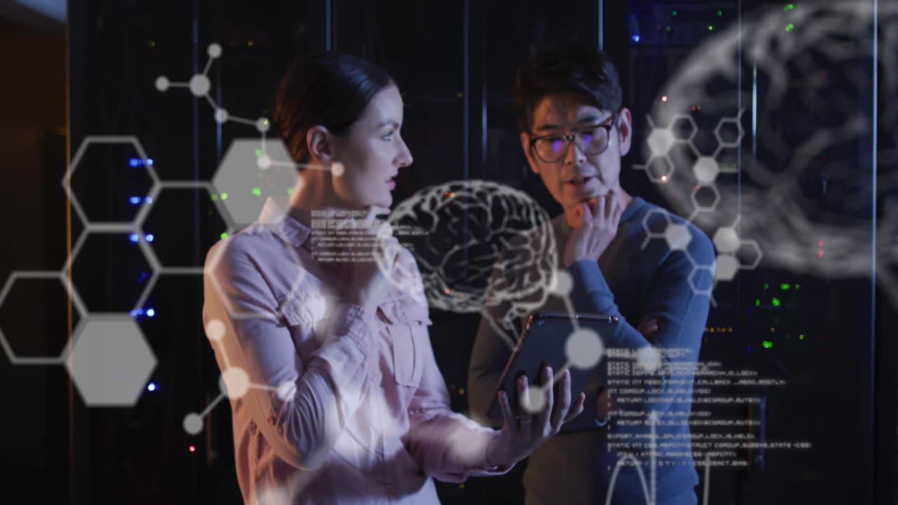 Animation of data processing with brains over diverse colleagues using tablet in server room