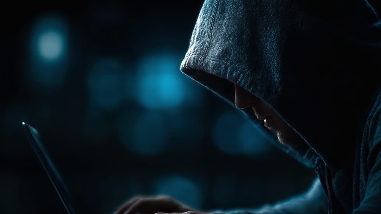 En mystisk skikkelse i en hættetrøje koncentrerer sig dybt om sin bærbare computer, omgivet af et mørkt og tvetydigt miljø, der repræsenterer temaer om hemmelighed og teknologi.