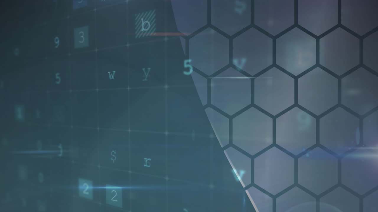 animación de texto y números de advertencia de ciberataque que cambian sobre hexágonos