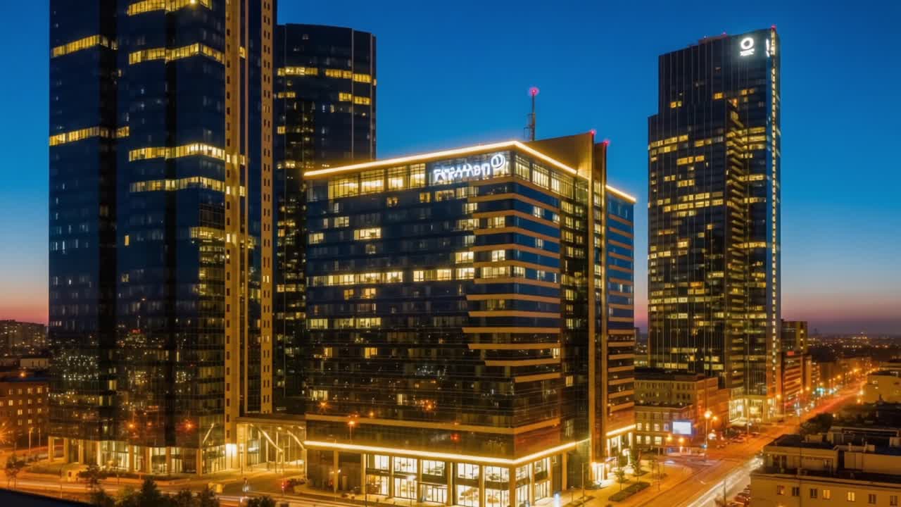 Stunning Urban Nightscape: A Dual Perspective of Modern Architecture Drenched in Twilight and Illuminated by City Lights