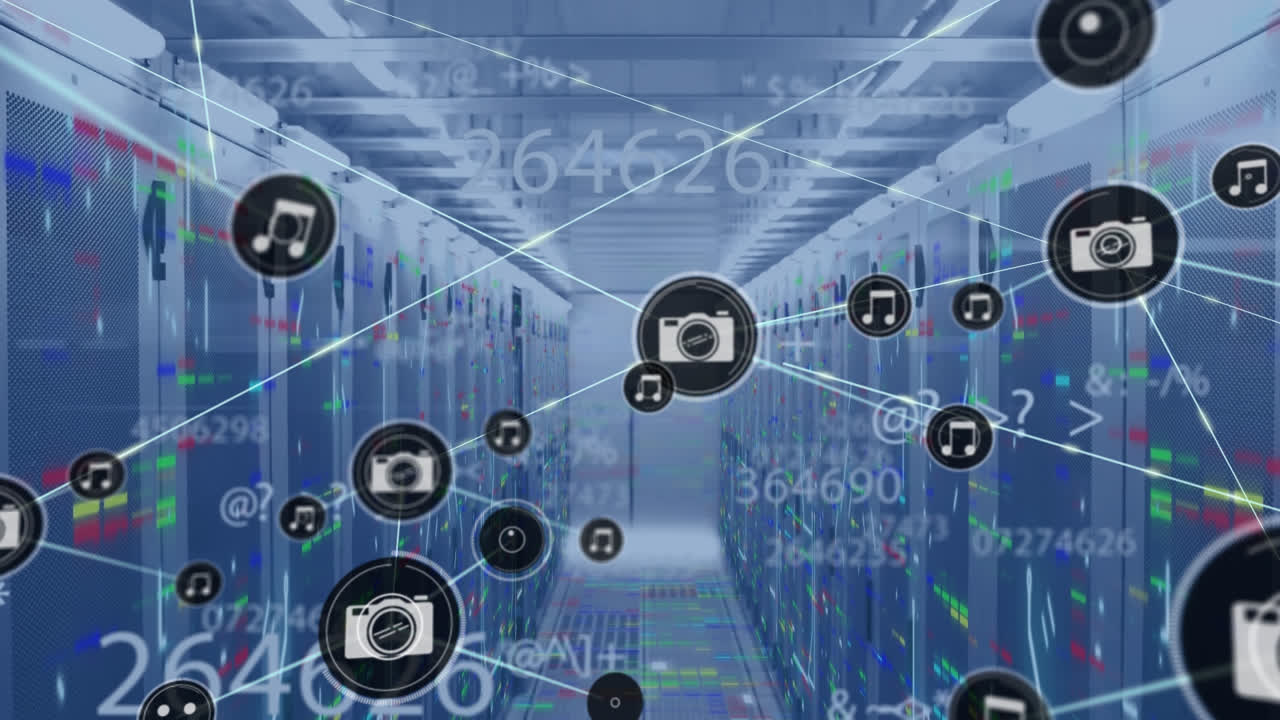 아이콘과 데이터 처리와 서버  ⁇ 을 통한 연결 네트워크의 애니메이션