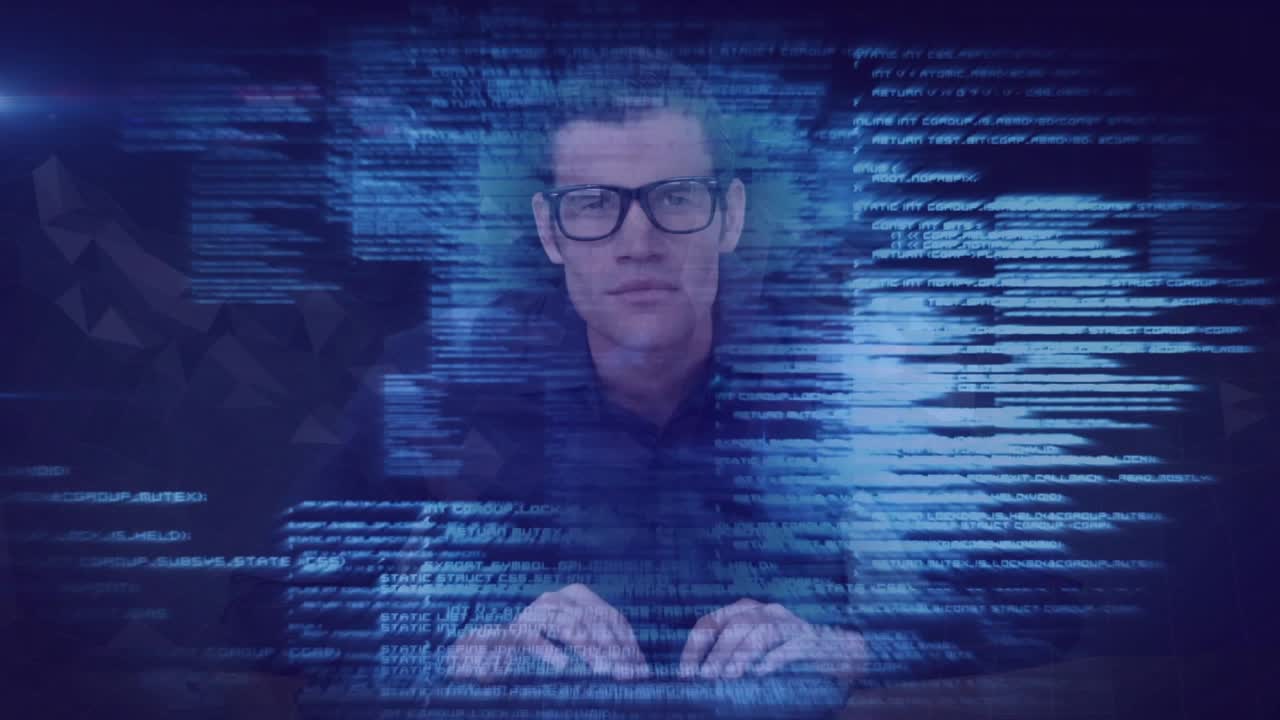 Dev typing at keyboard, starting blue hologram code and enveloping hands, visualizing data flow