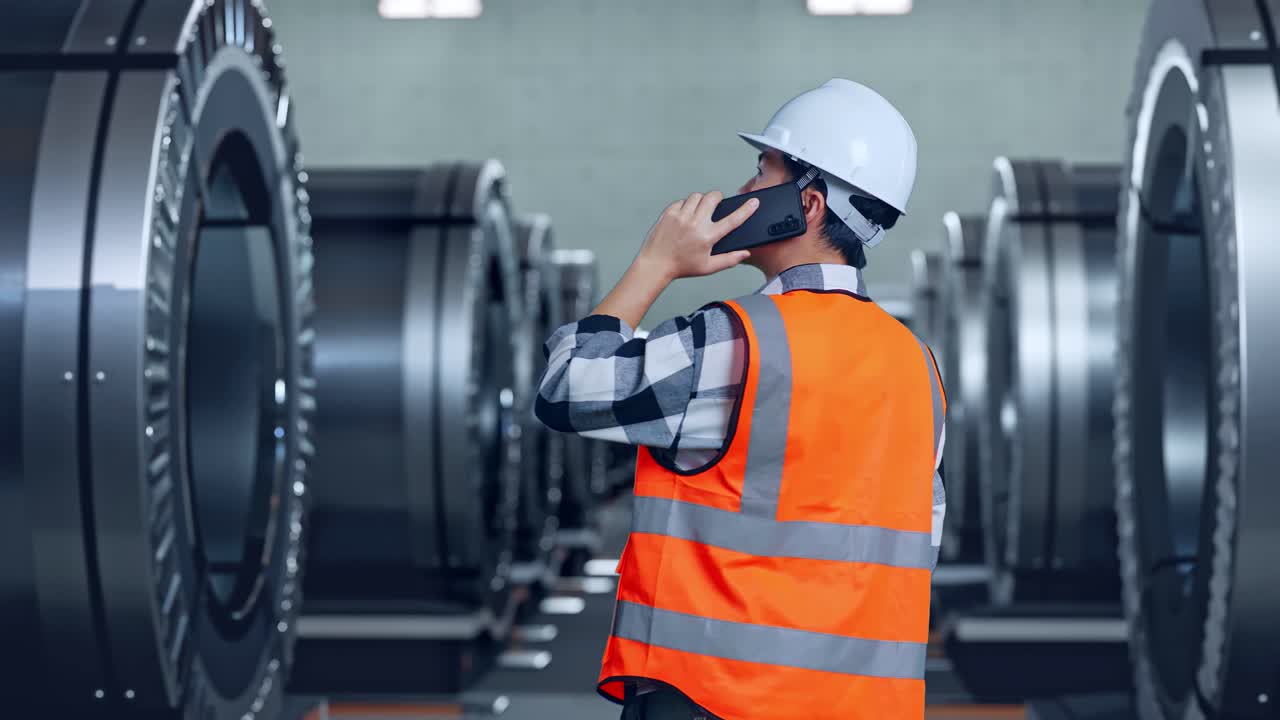 금속 공장에서 서서 스마트폰으로 대화하는 안전 헬을 입은 아시아 남성 엔지니어의 뒷면