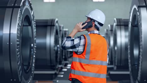 vista trasera de un ingeniero masculino asiático con casco de seguridad hablando en su teléfono inteligente mientras está de pie en una fábrica de metal