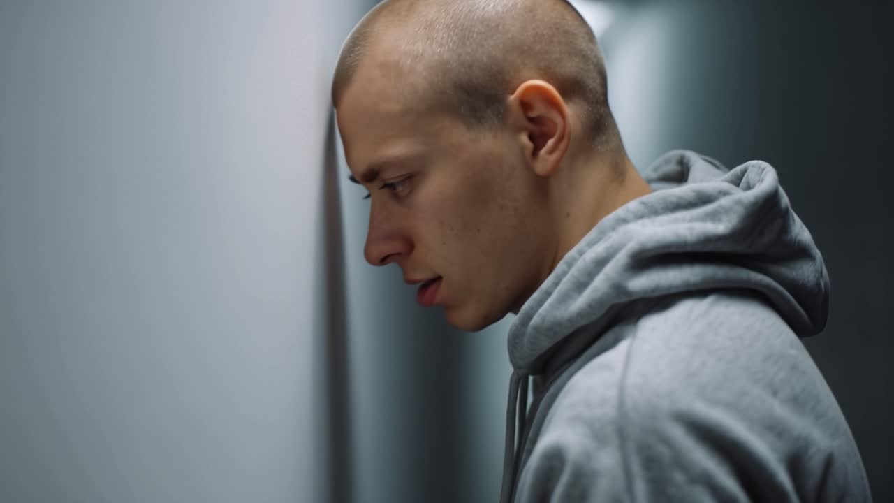 Uomo calvo appoggia la testa contro un muro freddo. Appare stanco, perso in silenziosa solitudine. Una felpa grigia contribuisce al suo aspetto sommesso. L'illuminazione fioca enfatizza il suo stato vulnerabile.