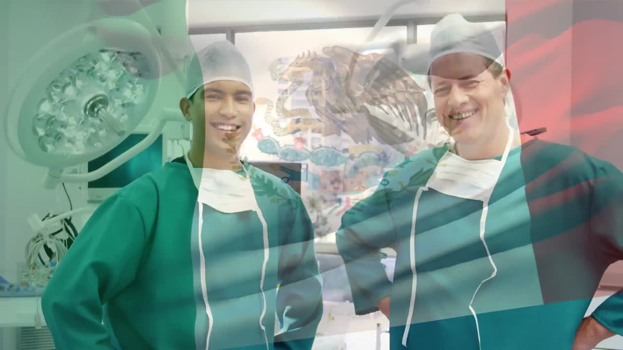 수술실 에서 행복 한 외과 의사 들 위 에 흔들리는 멕시코 의  ⁇ 발 의 애니메이션