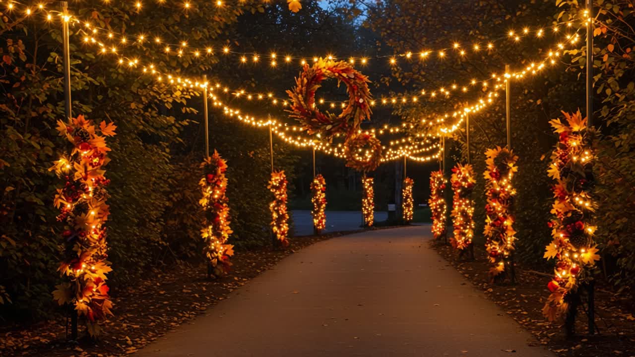 Enchanting Autumn Pathway Illuminated by Twinkling Lights and Vibrant Fall Decorations, Creating a Magical Atmosphere in Nature's Embrace
