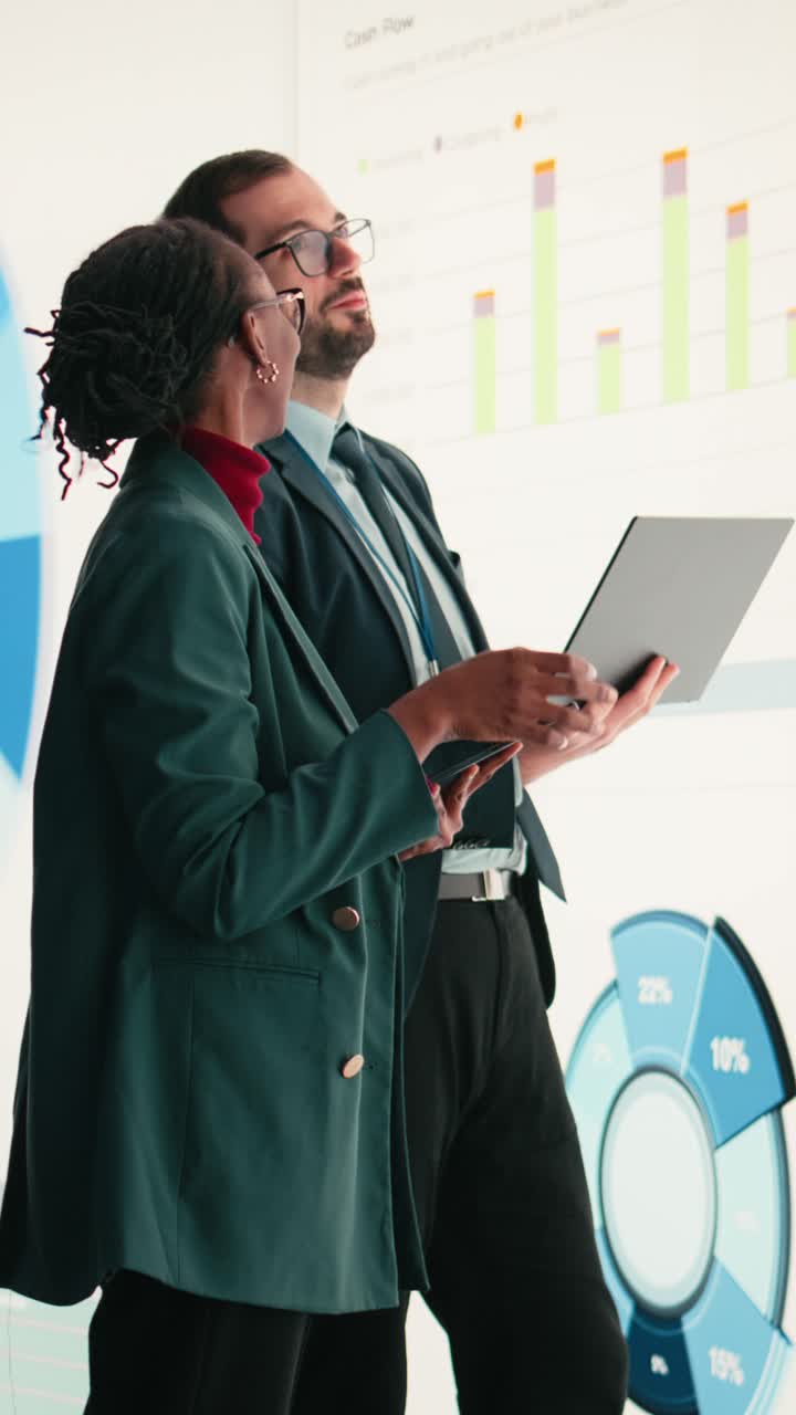 Vertical video Corporate managers evaluate fiscal performance metrics on digital wall