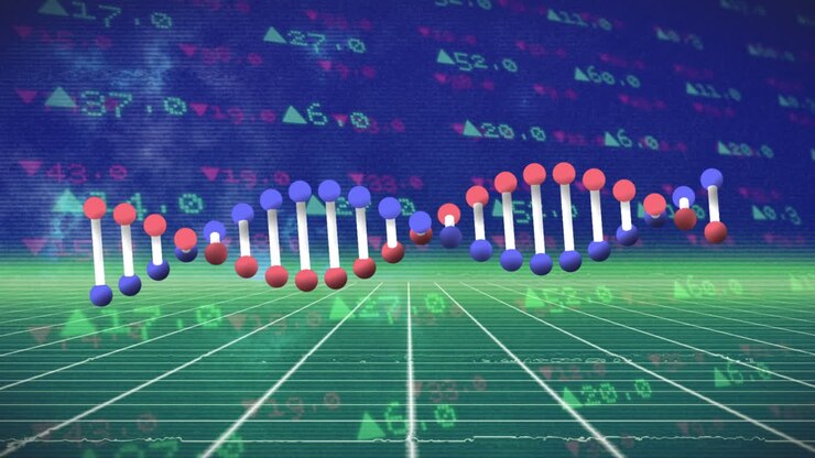Animazione di un filamento di DNA su elaborazione dati e griglia