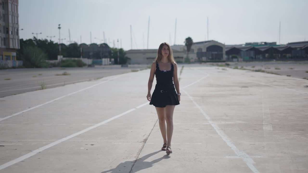 Woman walking on an empty urban road