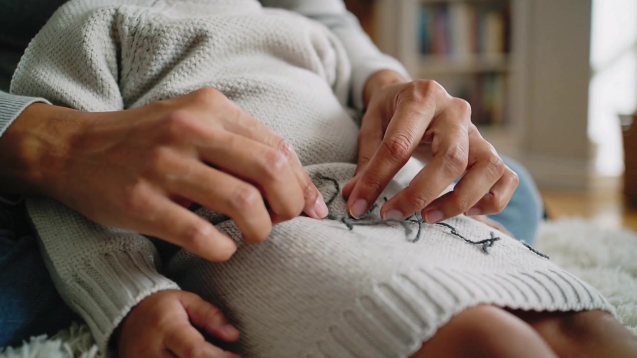 Erwachsener bemerkt losen Faden, hebt sanft beiges Strickkleid an und entwirrt es, um zu Hause einen Faden zu reparieren.