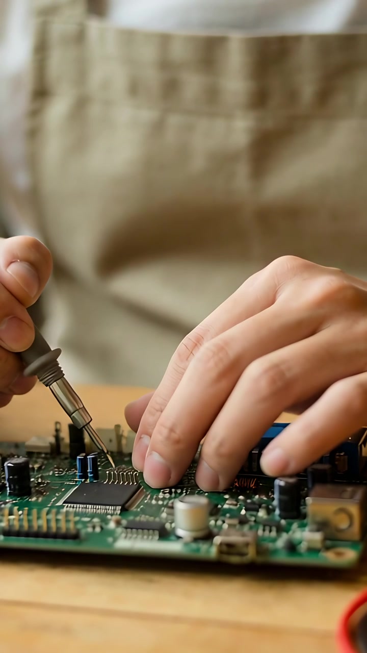 Video verticale: Un tecnico con grembiule beige usa una sonda per allineare circuiti integrati e condensatori su una scheda PCB al banco per la riparazione.
