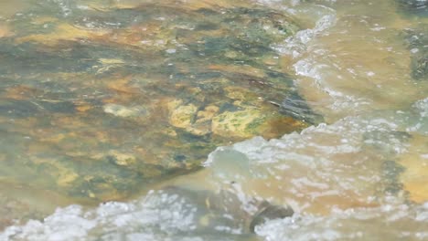 close-up view of gentle waves washing over a rocky shoreline, highlighting textures and movement.