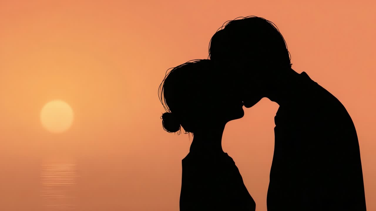 A Romantic Sunset Silhouette of a Couple Sharing an Intimate Moment, Capturing the Tenderness and Connection Between Two People Against a Beautiful Horizon
