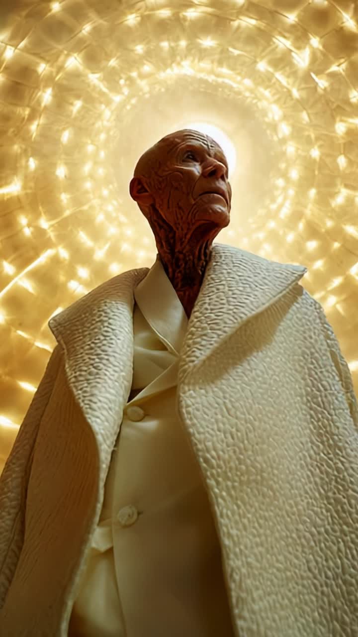 A contemplative figure stands beneath a radiant spiral of light, draped in a textured white garment, embodying elegance and stillness in a captivating visual moment