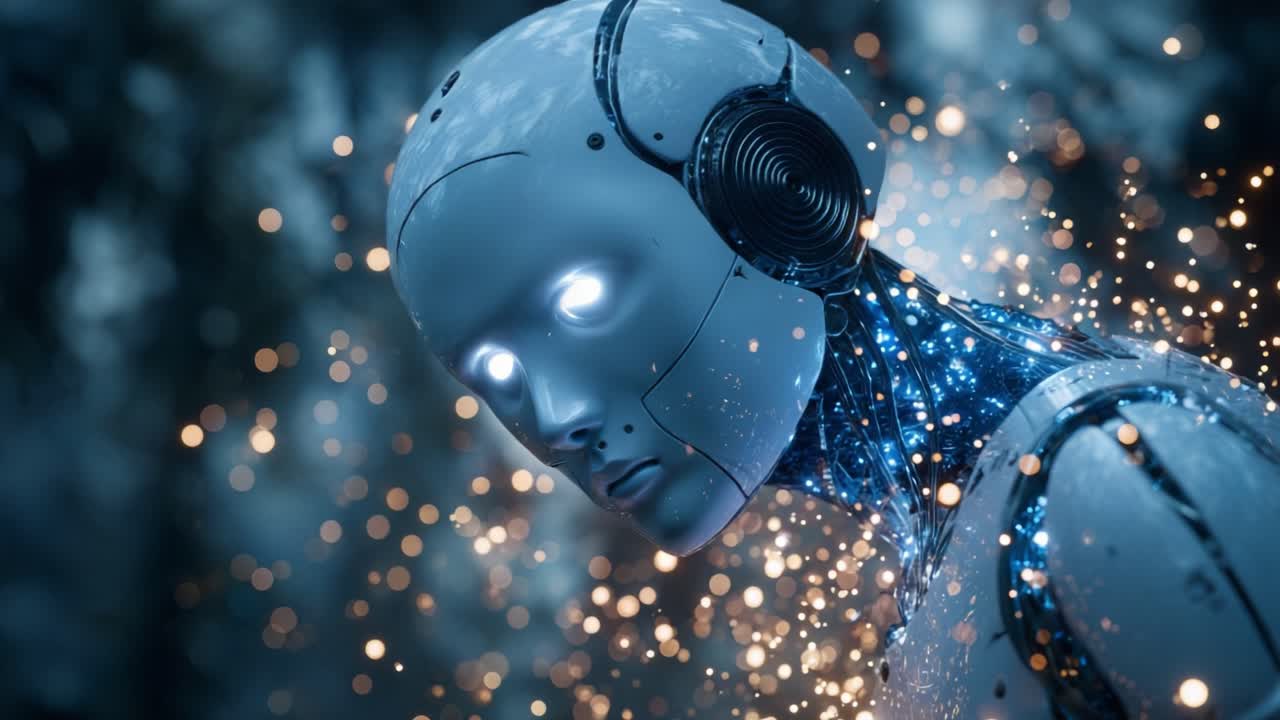 Futuristic female cyborg slowly opening her eyes, showcasing advanced artificial intelligence with glowing blue energy and sparks flying, representing the dawn of a new technological era