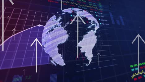 animation of globe and financial data processing over blue background