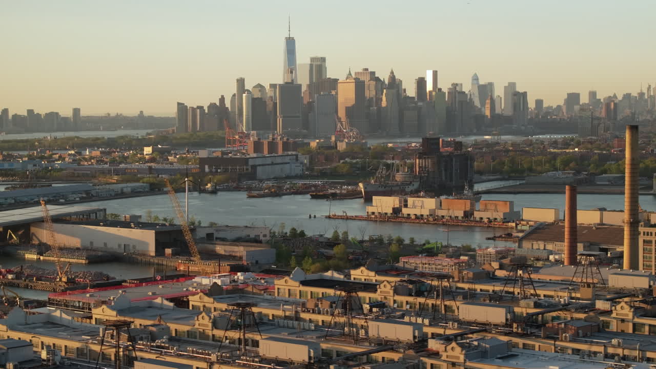 Aerial view of Lower Manhattan at dusk. Shot in Brooklyn during the springtime.