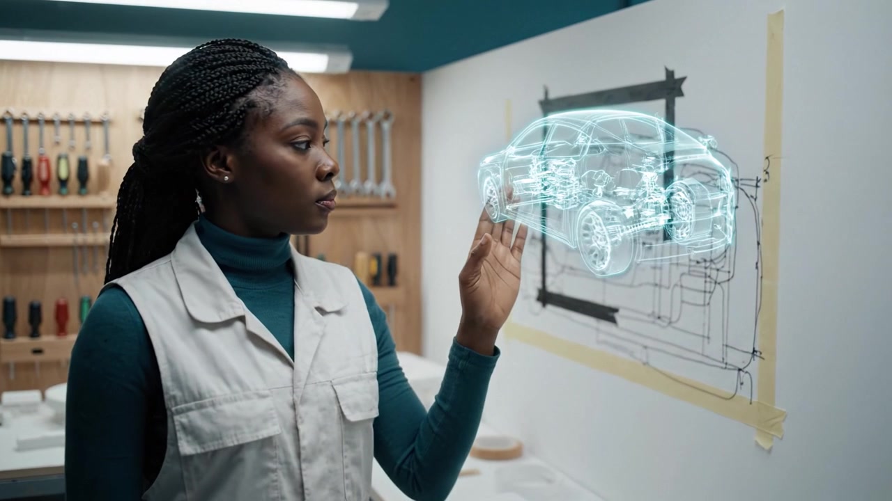 A designer observing an augmented reality car model in a workshop environment, showcasing the evolution from concept to digital visualization and technical design.