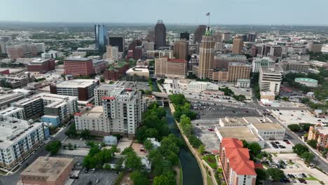 downtown san antonio skyline. descending aerial with riverwalk