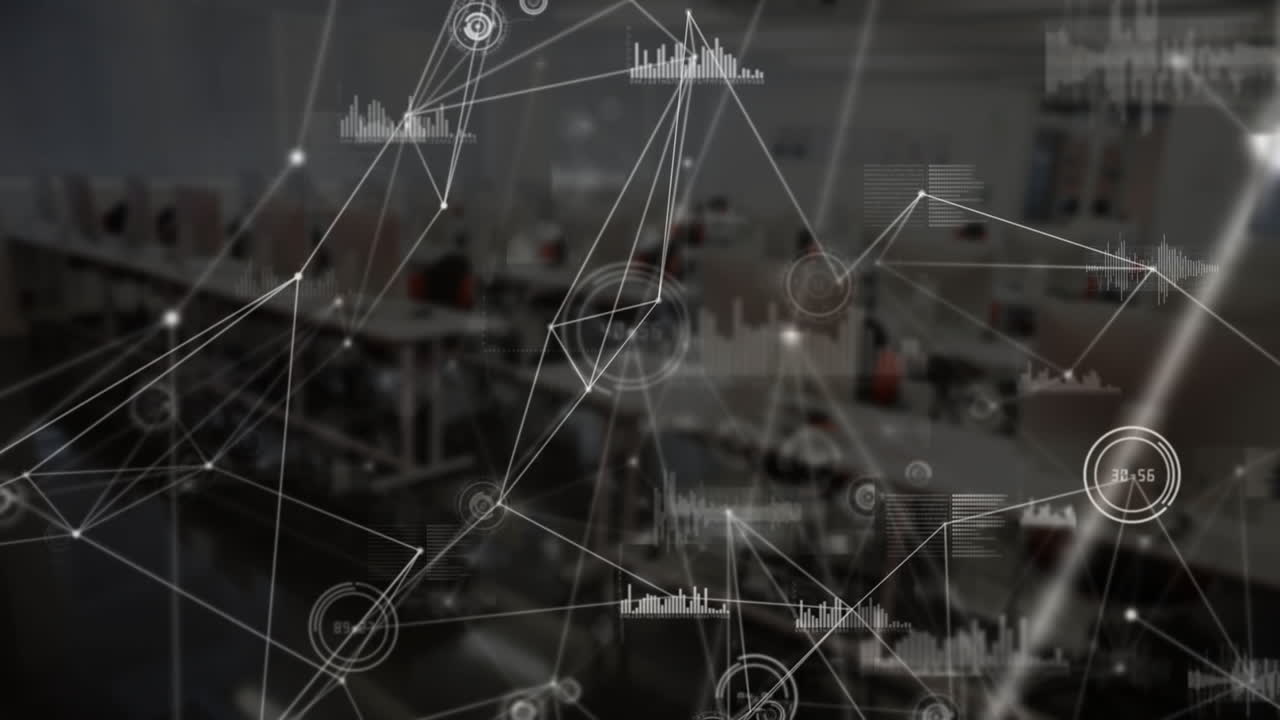 Animation of data processing with connectors on black background