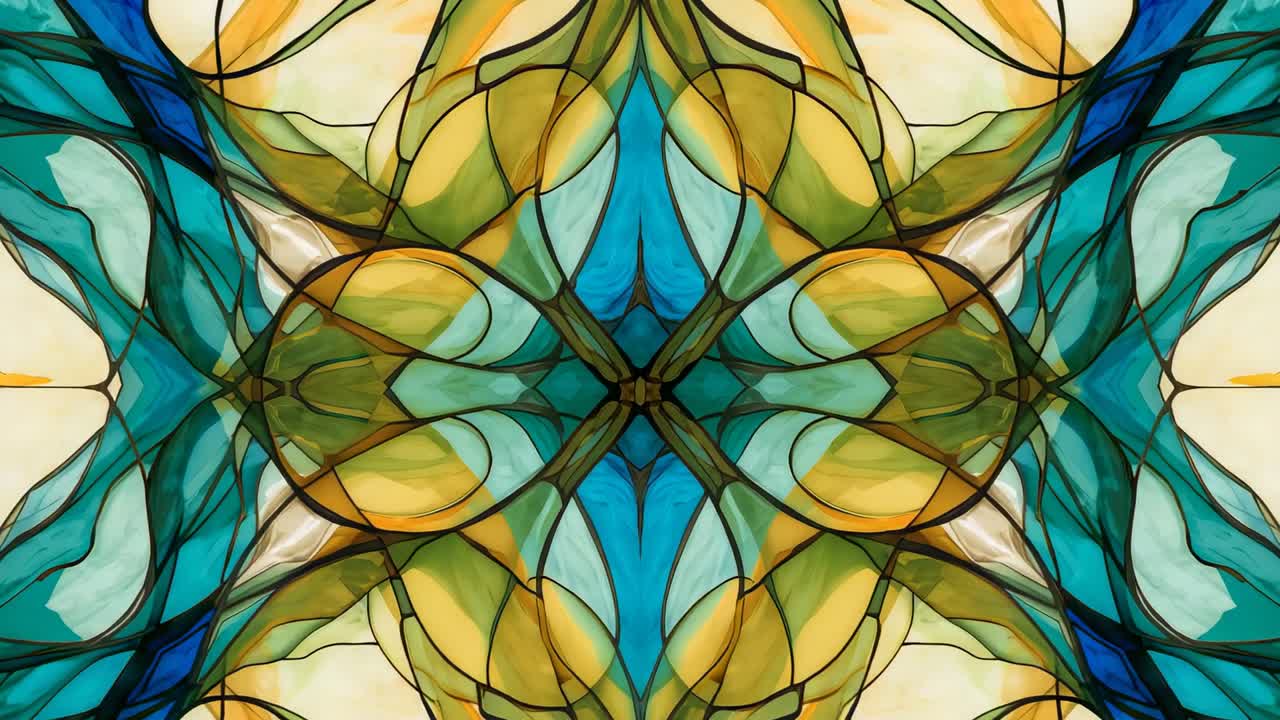 Playing kaleidoscopic design rotating and pulsing in blue green digital backdrop, completing cycle