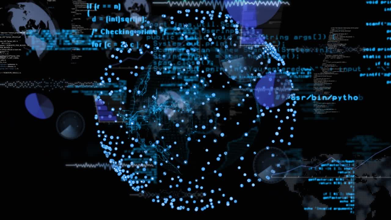 Animation of data processing and globe over grind