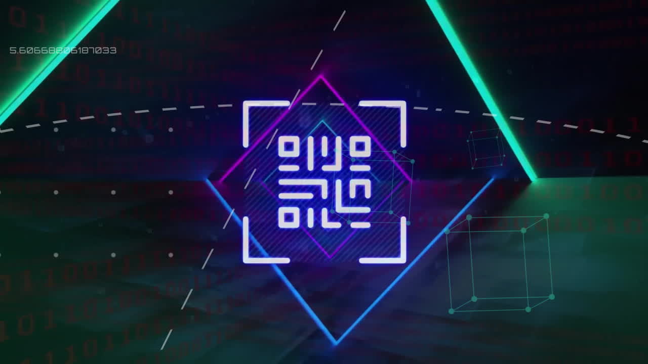 animación del código qr y el procesamiento de datos digitales sobre un fondo oscuro