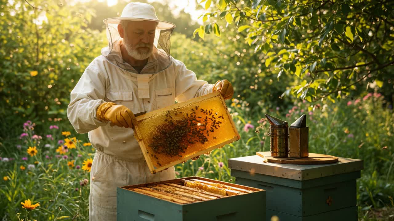 An Experienced Beekeeper Inspecting a Frame of Honeycomb in a Vibrant Flower Garden, Showcasing the Art of Beekeeping and Nature's Beauty in Early Morning Light