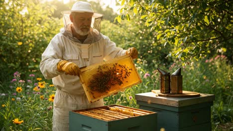 an experienced beekeeper inspecting a frame of honeycomb in a vibrant flower garden, showcasing the art of beekeeping and nature's beauty in early morning light