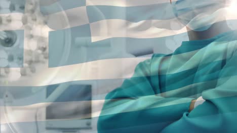 Animation-of-flag-of-greece-over-biracial-male-surgeon-with-face-mask