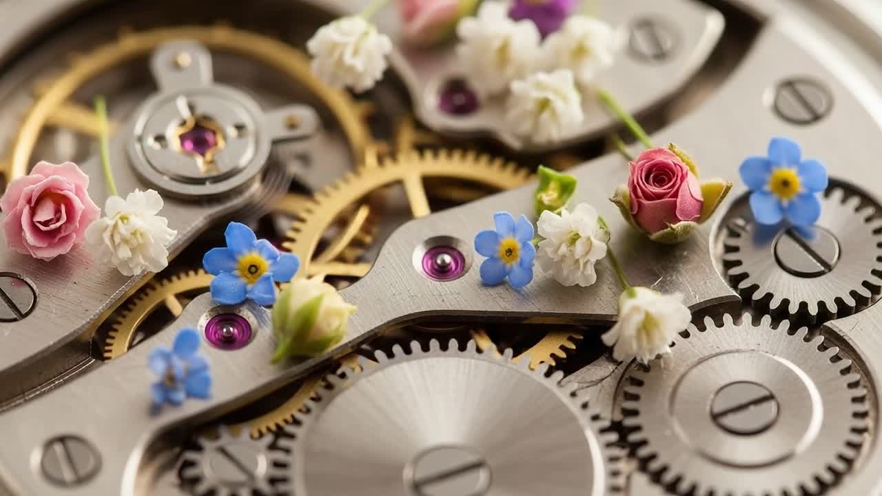 A Captivating Close-Up of Delicate Flowers Set Amid Intricate Clockwork Mechanisms, Blending Nature and Time in a Unique Display of Beauty and Precision