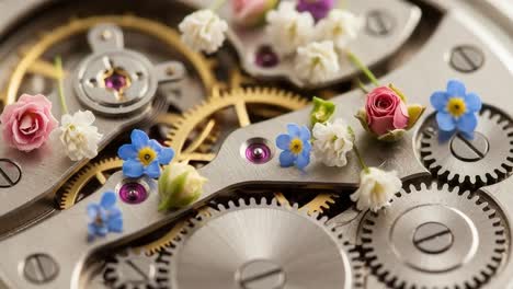 a captivating close-up of delicate flowers set amid intricate clockwork mechanisms, blending nature and time in a unique display of beauty and precision