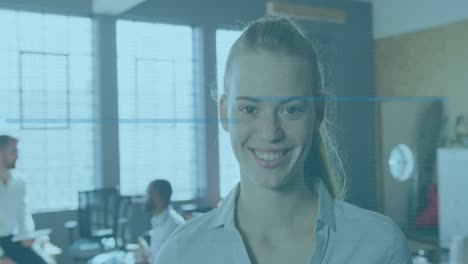 Animation-of-data-processing-against-portrait-of-caucasian-woman-smiling-at-office