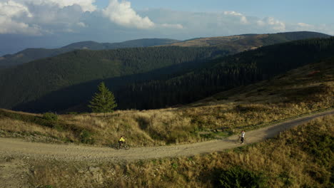 drone rocky road biking man enjoying time against green woods pikes background