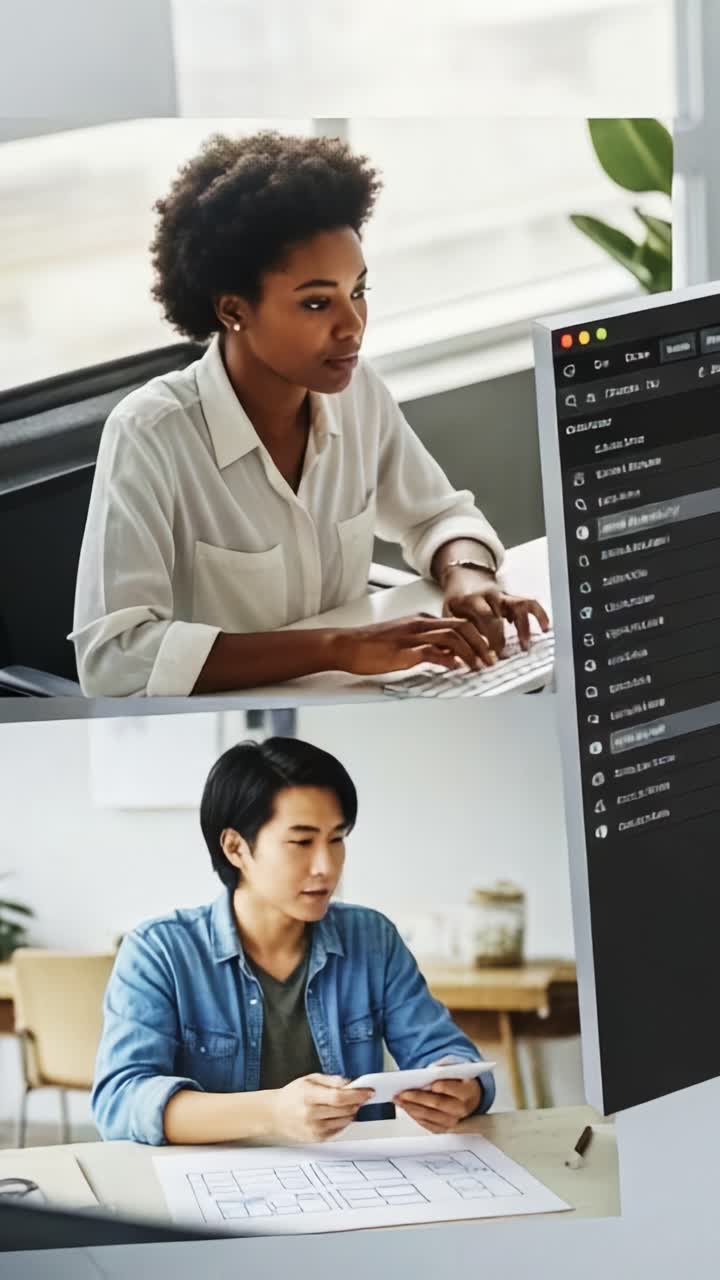 Focused individuals working on creative tasks, collaborating and developing ideas, showcasing technology and design elements in a modern workspace setting