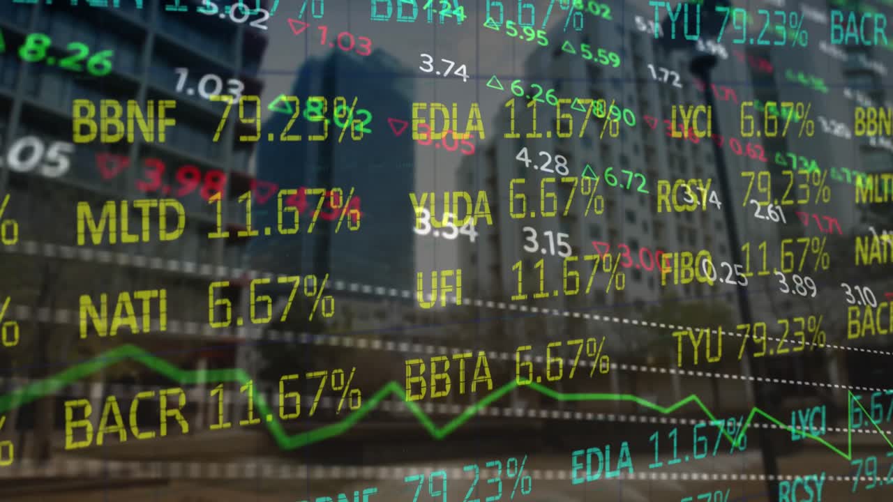 Animazione di elaborazione di dati del mercato azionario sullo sfondo di grattacieli.
