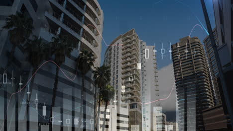gráficos que se mueven en la pantalla con un fondo de edificios