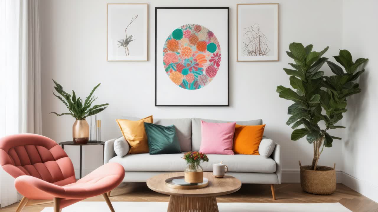 Sala de estar iluminada com decoração moderna, com almofadas coloridas e plantas