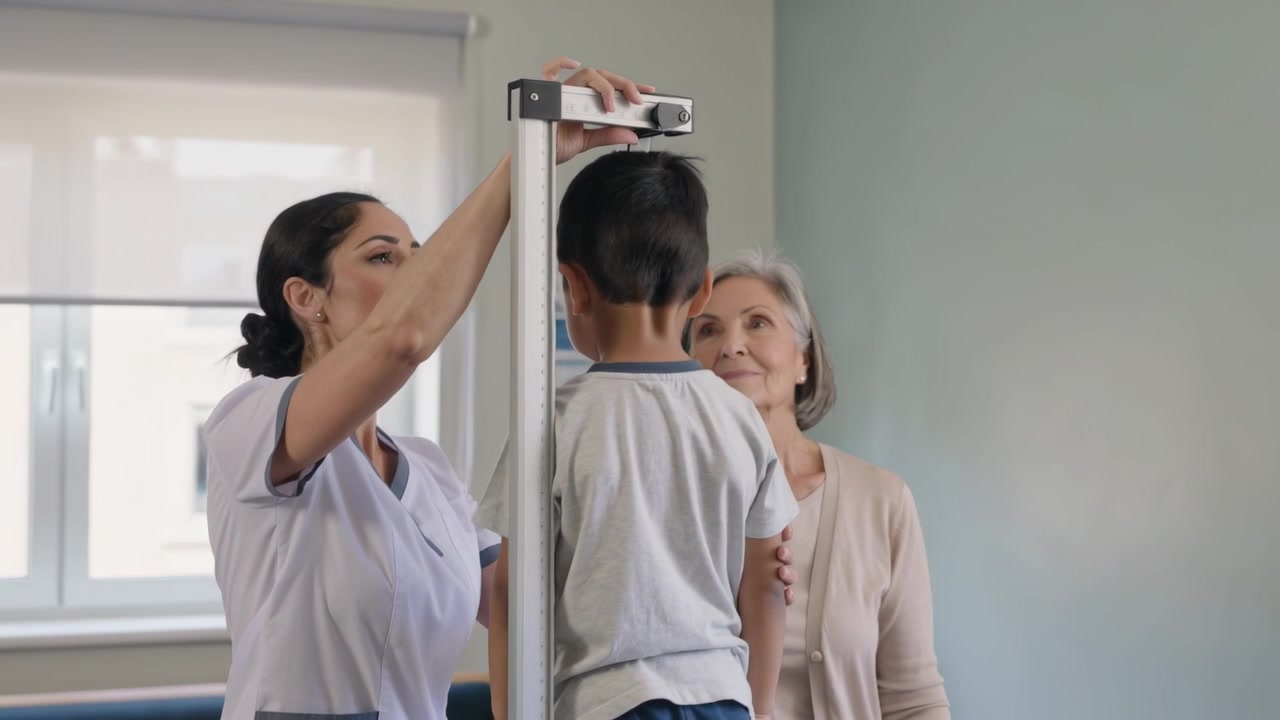 Clinic visit starting, nurse in white scrubs steadying child at stadiometer for height check
