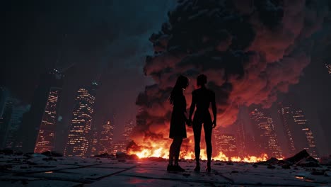 two women standing amidst a city fire