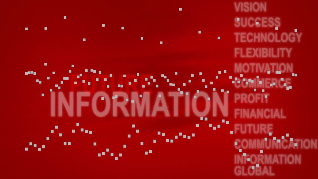puntos blancos flotantes y palabras clave en fondo rojo en la animación de tecnología de la información