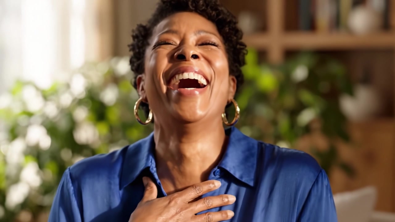 Un momento gioioso catturato: un sorriso coinvolgente che riflette felicità e positività in un ambiente intimo con una vegetazione lussureggiante sullo sfondo