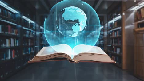 digital knowledge: open book with holographic earth in a library