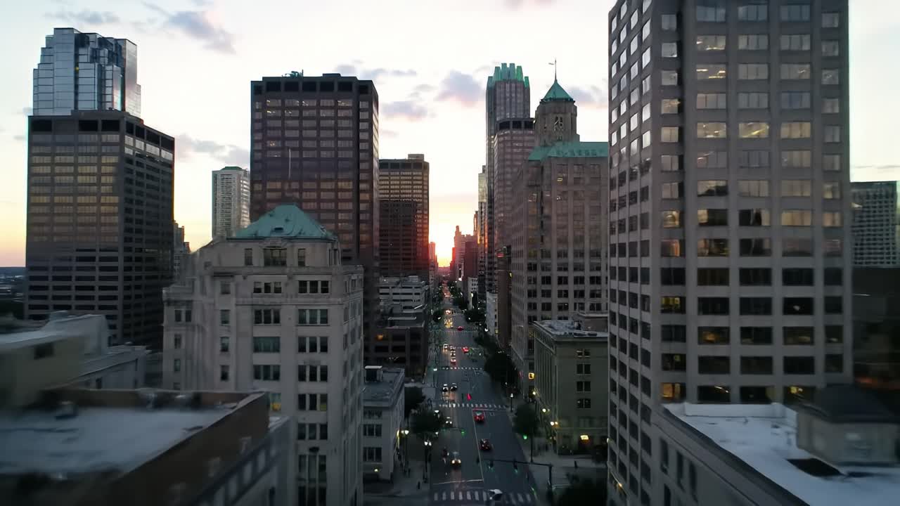 Cityscape at Dusk: A Stunning View of Urban Architecture as Sunset Casts a Golden Glow Over Skyscrapers and Streets