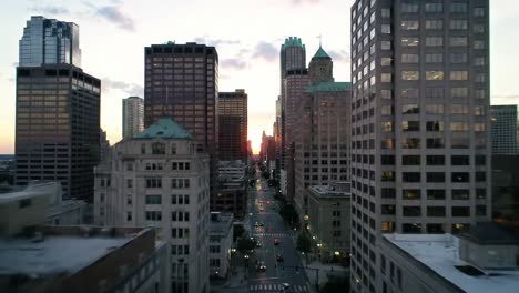 cityscape at dusk: a stunning view of urban architecture as sunset casts a golden glow over skyscrapers and streets