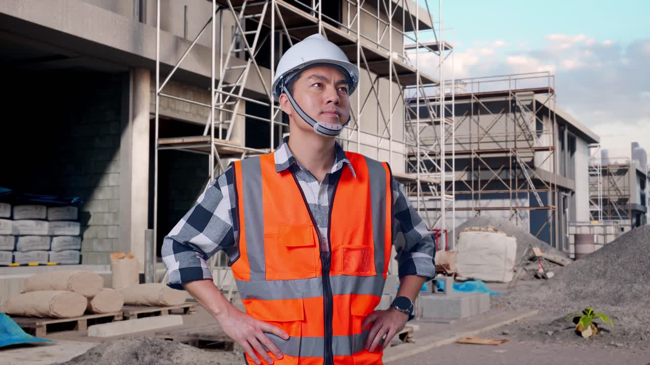 Asian Male Engineer Wearing Safety Helmet Looking Around While Standing With Arms Akimbo At Building & Construction Site in Progress to New House