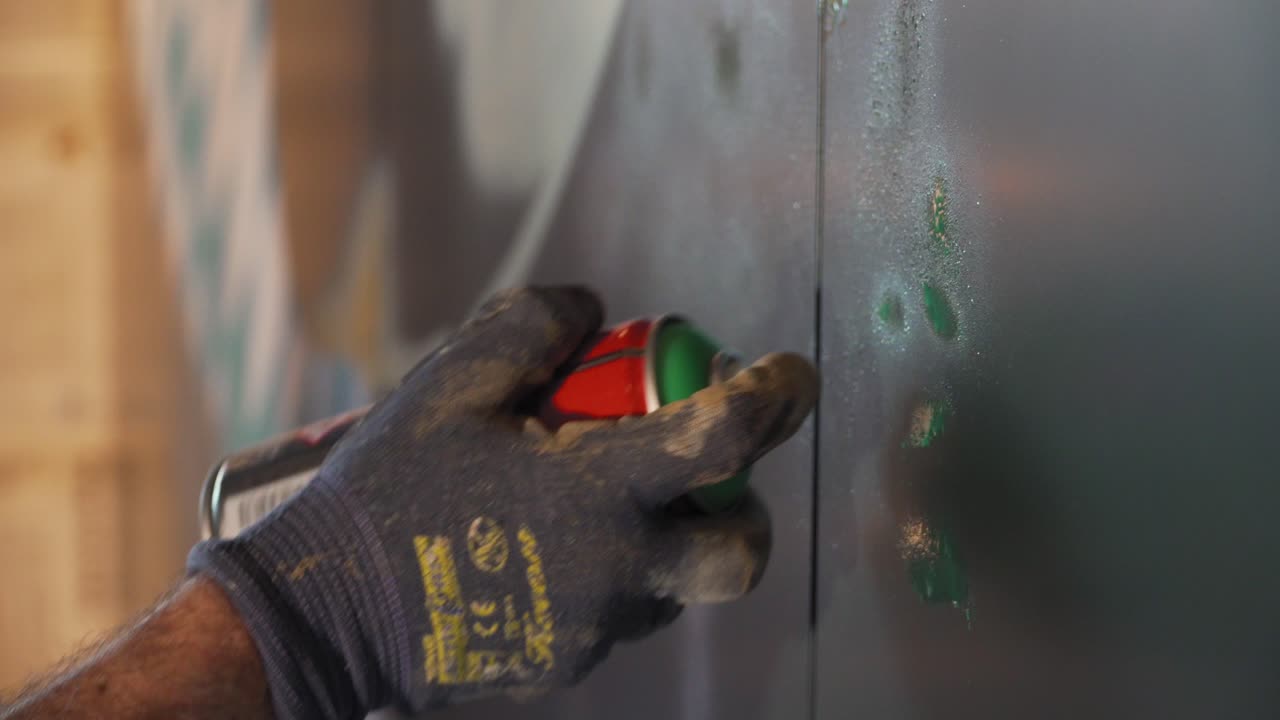 el hombre está dibujando y pintando con pintura en aerosol y divirtiéndose