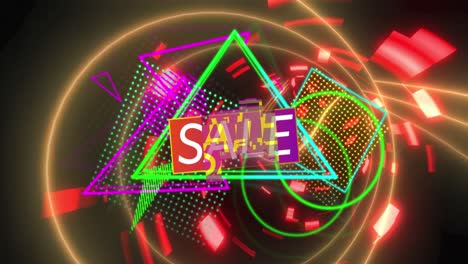 Animation-of-sale-over-neon-triangles-and-tunnel-made-of-lights-moving-fast
