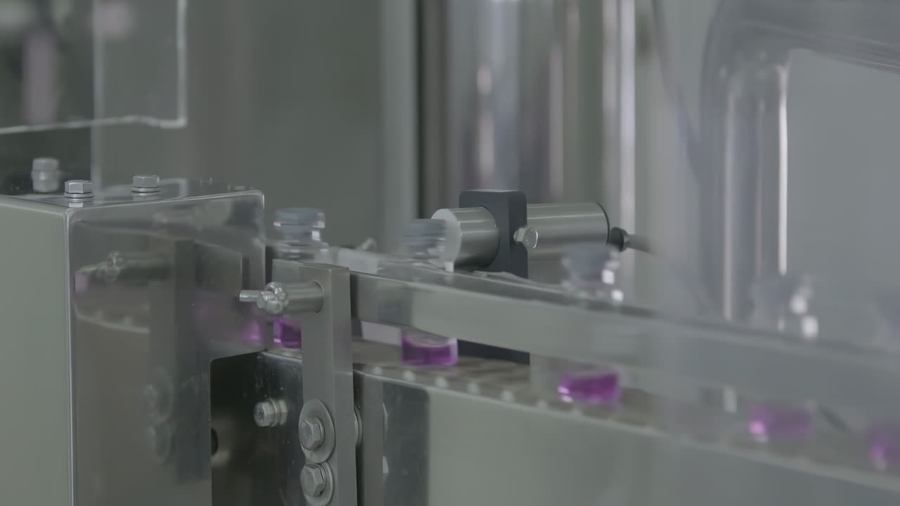 Sterile Conveyor belt Rows of glass vials antibiotics move along a production line in a pharmaceutical facility. Clean, sterile, and efficient manufacturing process.
